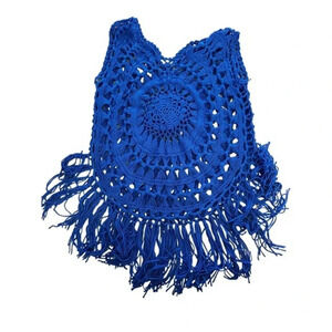 Womens Handmade Knitted Crochet Fringe Hem Cover‎ Up Swimwear Blue One Size